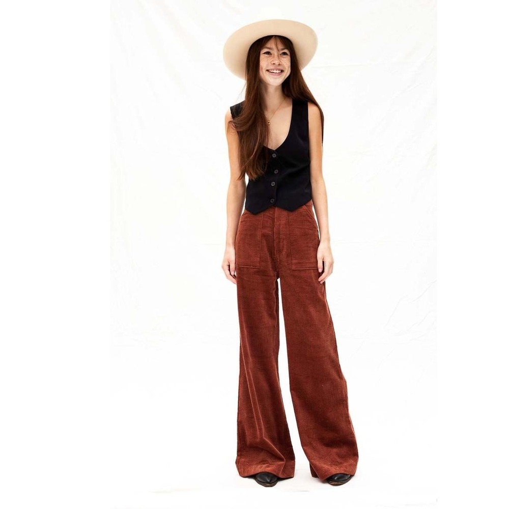 Rollas Francois Cord Pant Women 14 XL Chestnut High Rise Wide Leg Boho‎ Retro